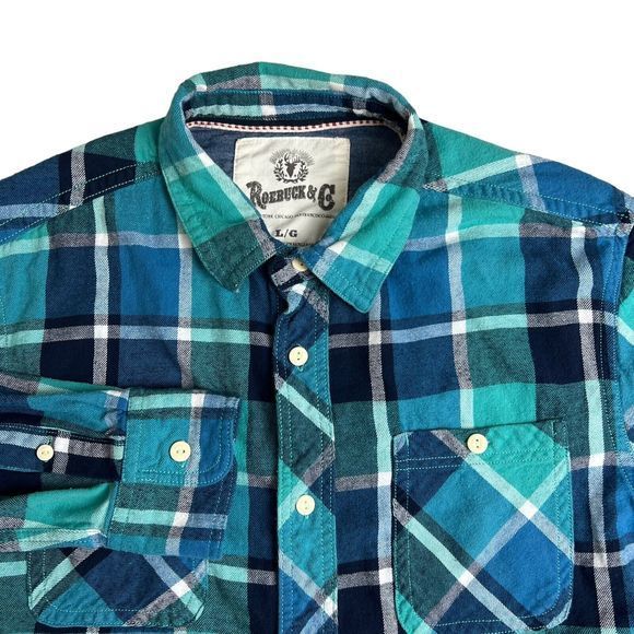 Roebuck & Co Mens Blue Plaid Long Sleeve Button Up Flannel Shirt Large - Picture 1 of 5